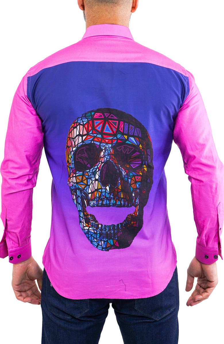 Maceoo Fibonacci Regular Fit Skull Print Cotton Button-Up Shirt, Alternate, color, Pink