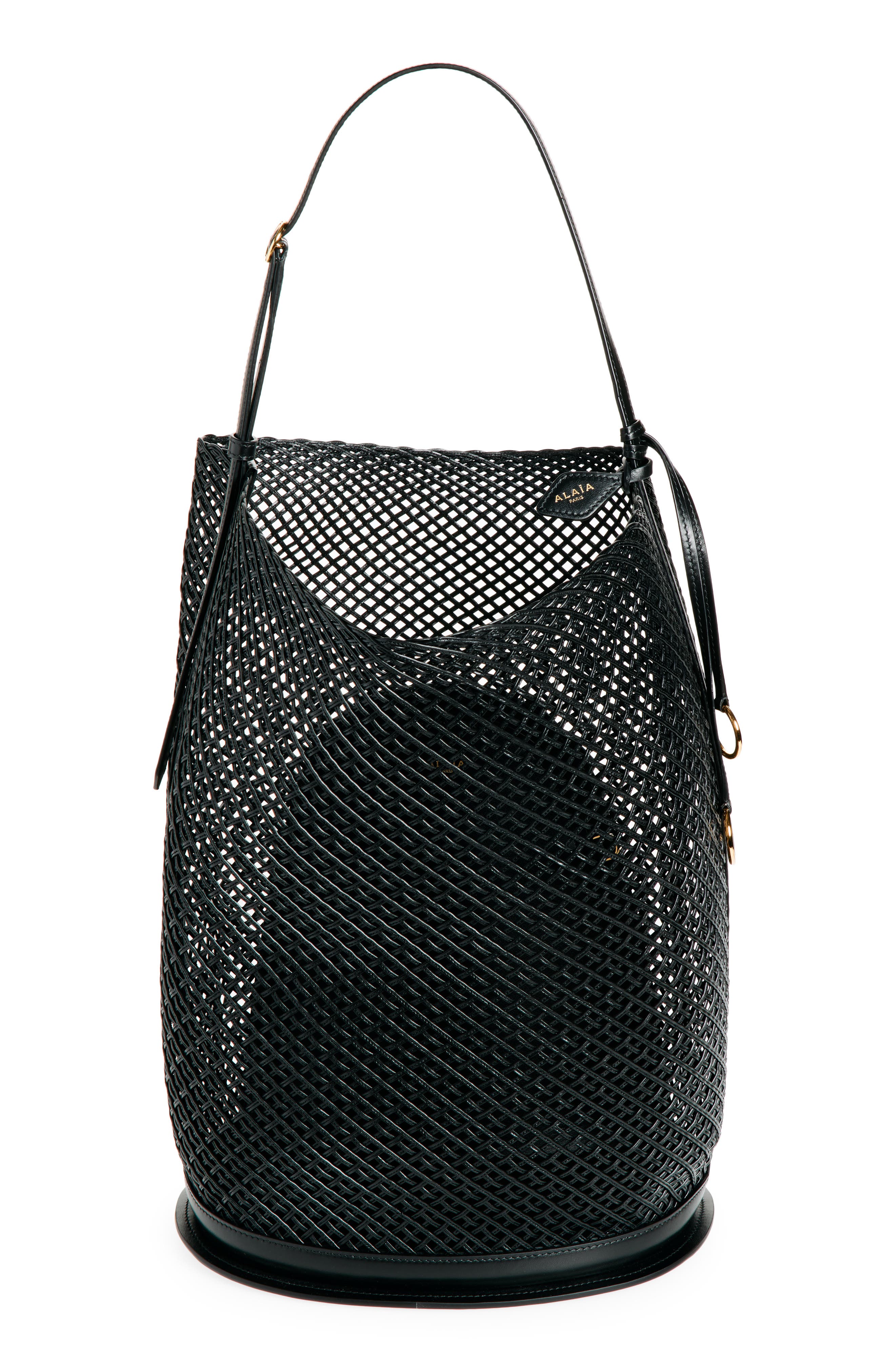 Alaïa Large Hip Leather Net Bucket Bag, Main, color, Noir
