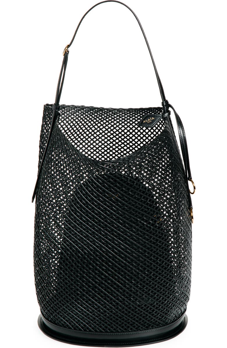 Alaïa Large Hip Leather Net Bucket Bag, Main, color, Noir