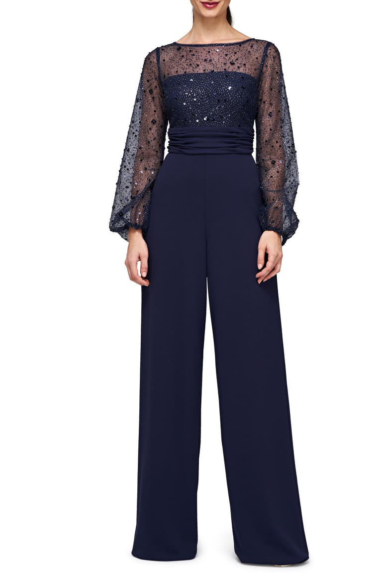 Raelynn Embellished Long Sleeve Wide Leg Jumpsuit, Main, color, DEEP NAVY