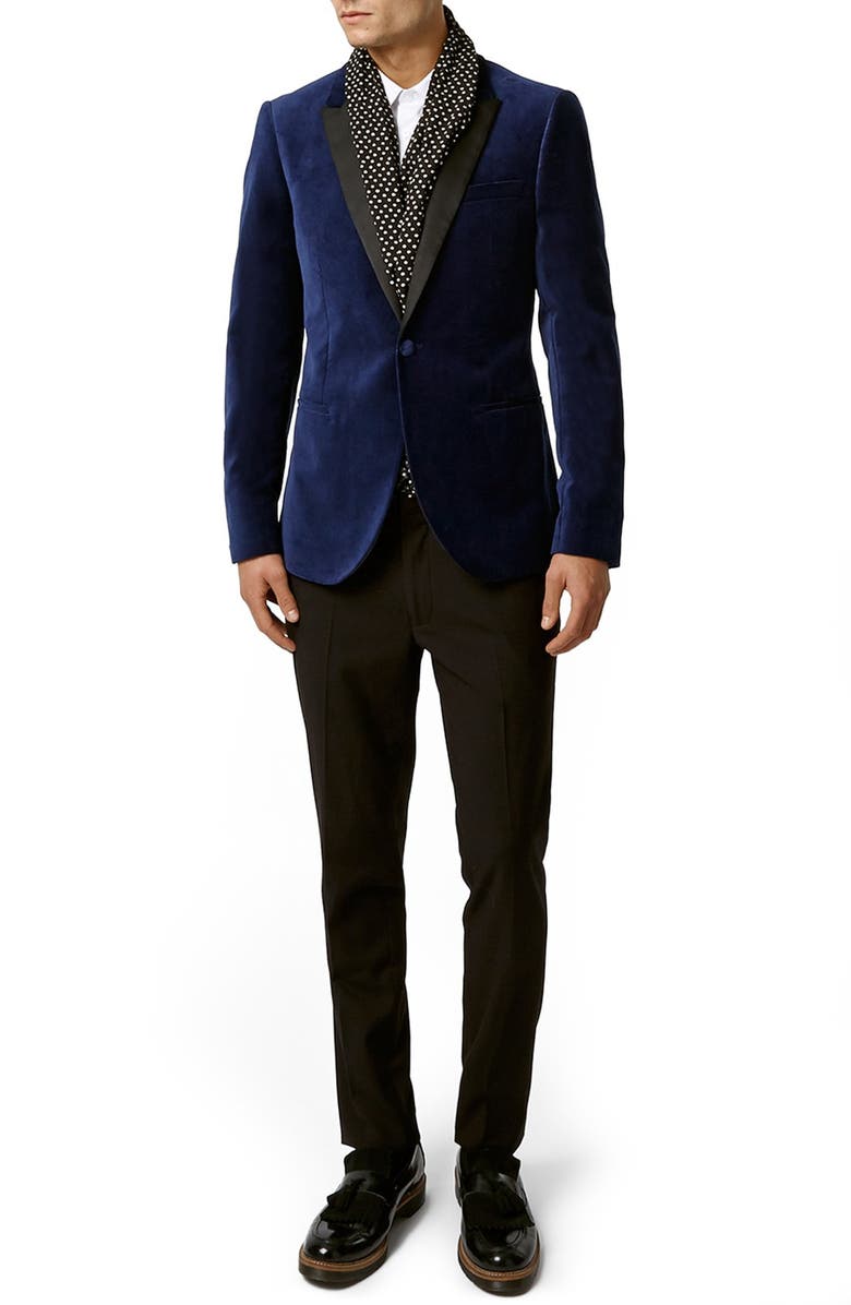Topman Skinny Fit Blue Velvet Blazer, Alternate, color,