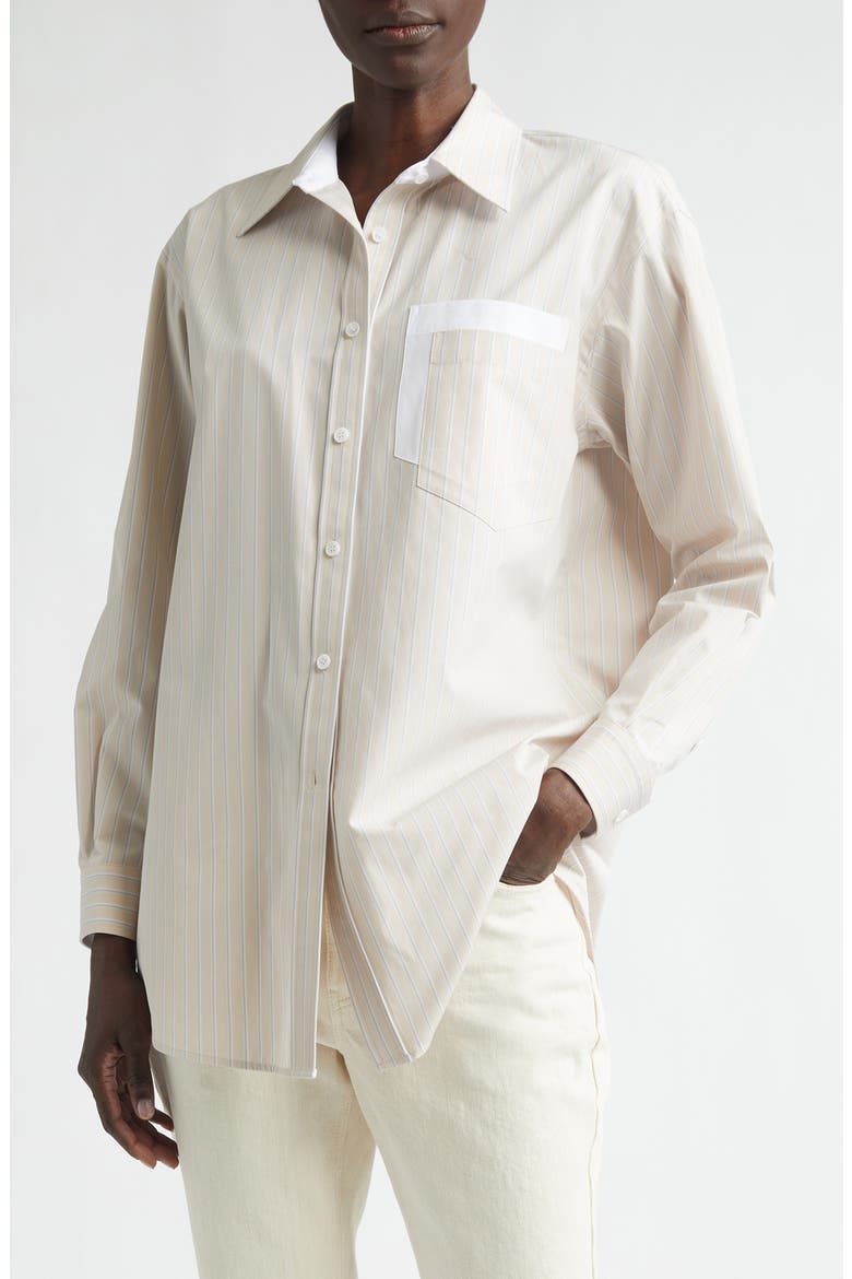 Stripe Oversize Cotton Poplin Button-Up Shirt, Main, color, OATMEAL MULTI