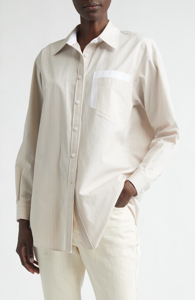 Lafayette 148 New York Stripe Oversize Cotton Poplin Button-Up Shirt, Main, color, Oatmeal Multi