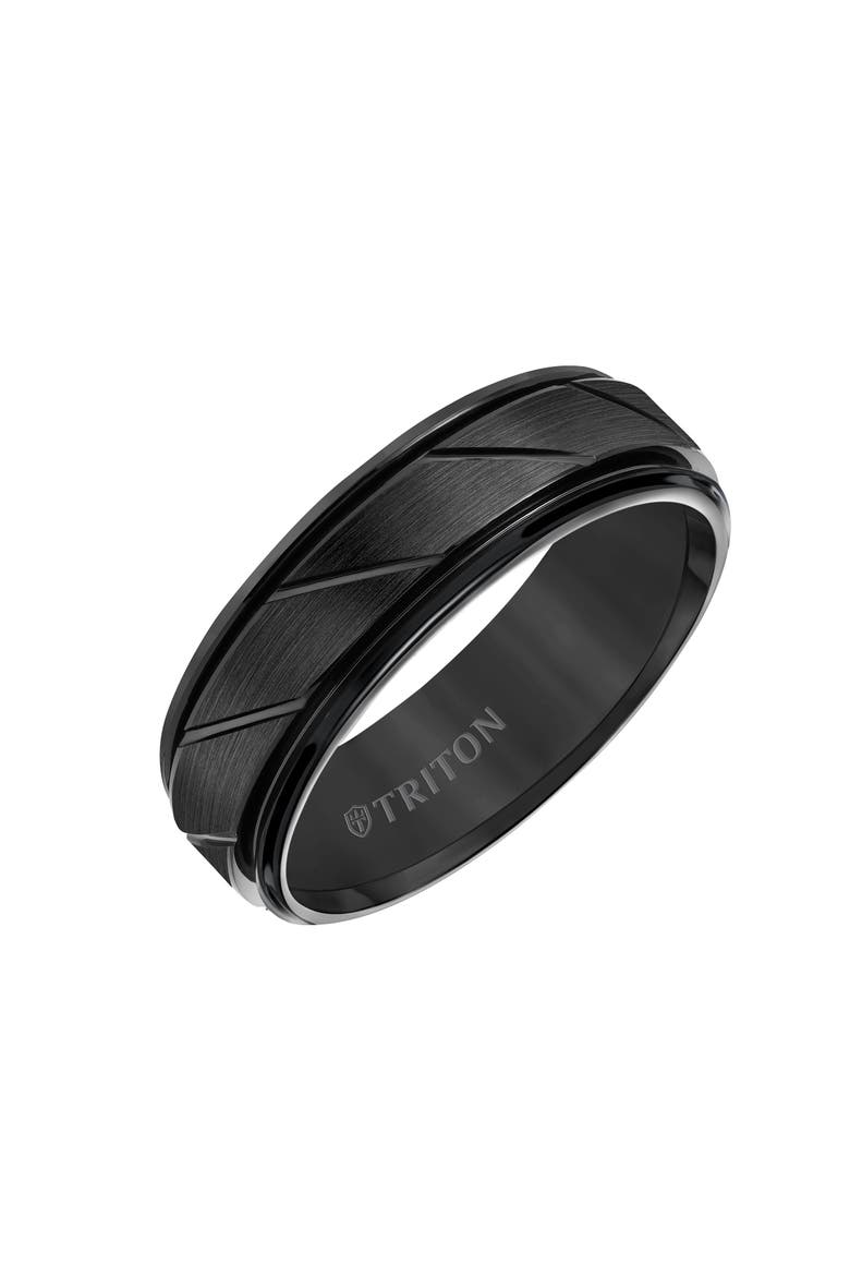 7MM Tungsten Carbide Ring with Diagonal Cut Center and Round Edge, Main, color, Black