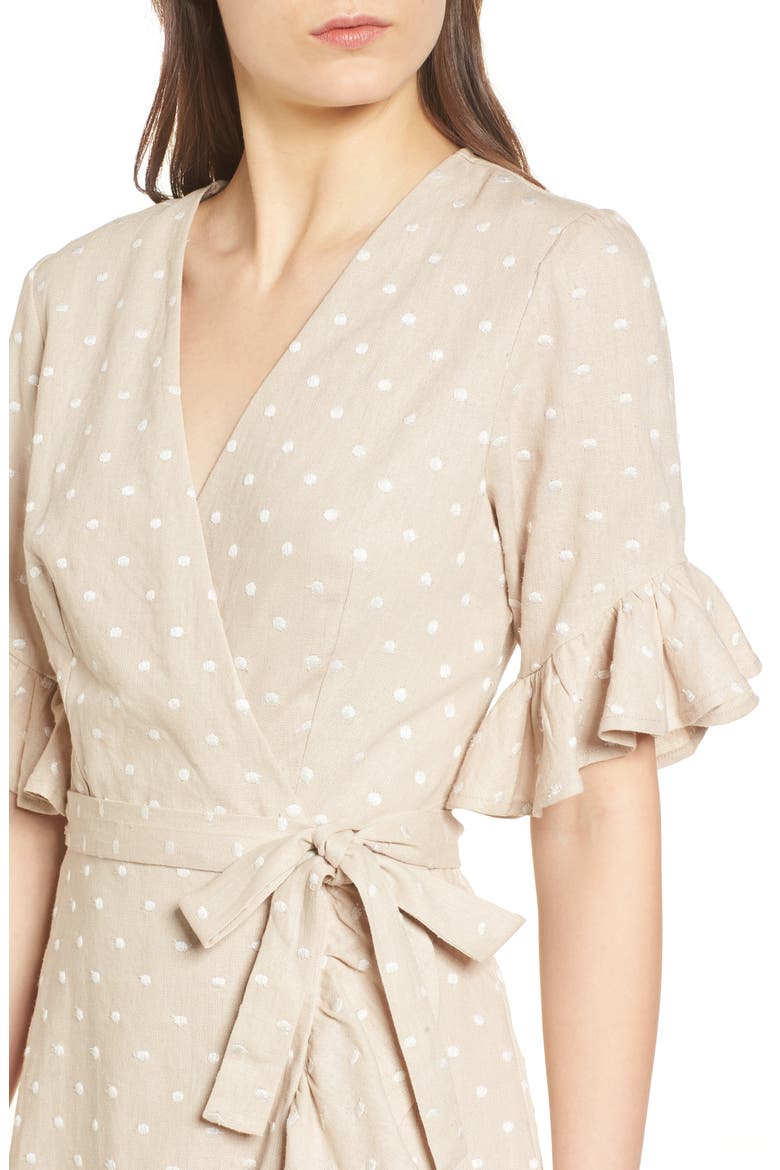 Ruffle Wrap Dress, Alternate, color, NATURAL/ IVORY POLKA DOT