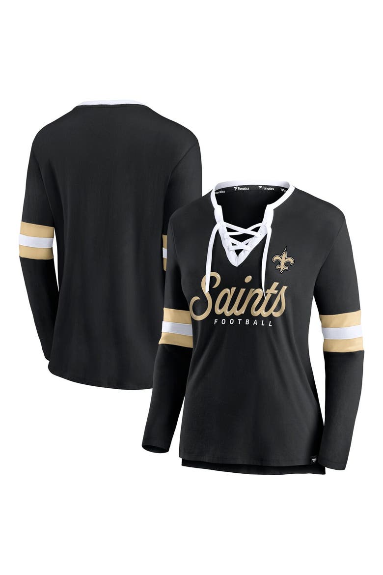 Women's Fanatics Branded Black New Orleans Saints Block Party Team Script Lace-Up Long Sleeve T-Shirt, Main, color, BLACK