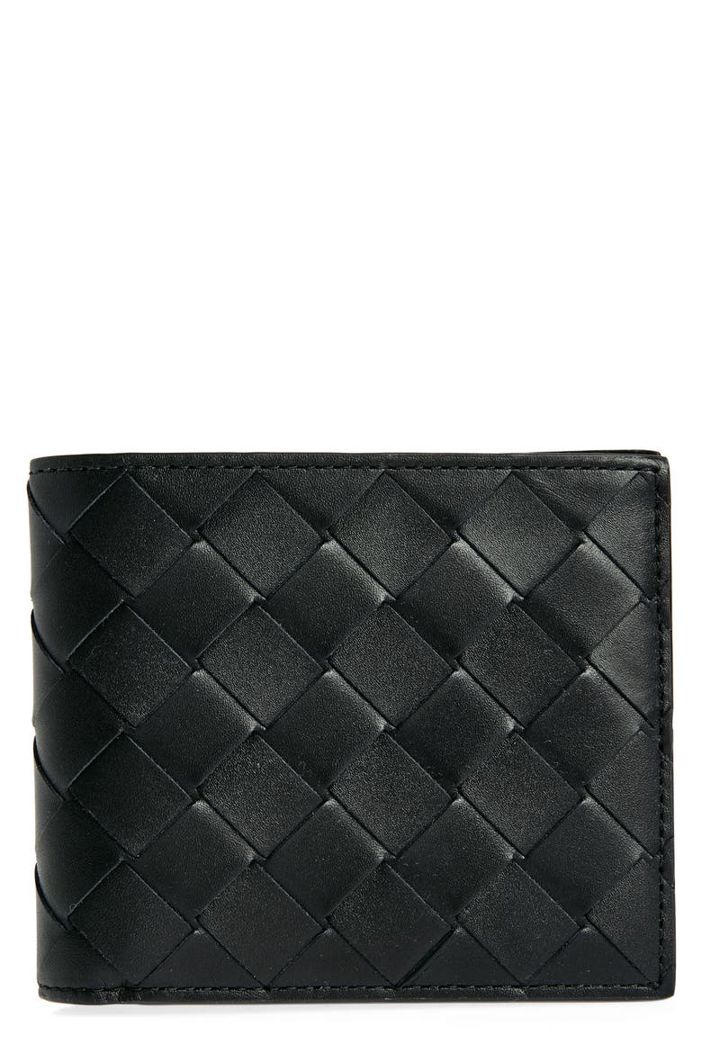 Intrecciato Calfskin Leather Bifold Wallet, Main, color, BLACK/ MAD.BRO/ SILVER
