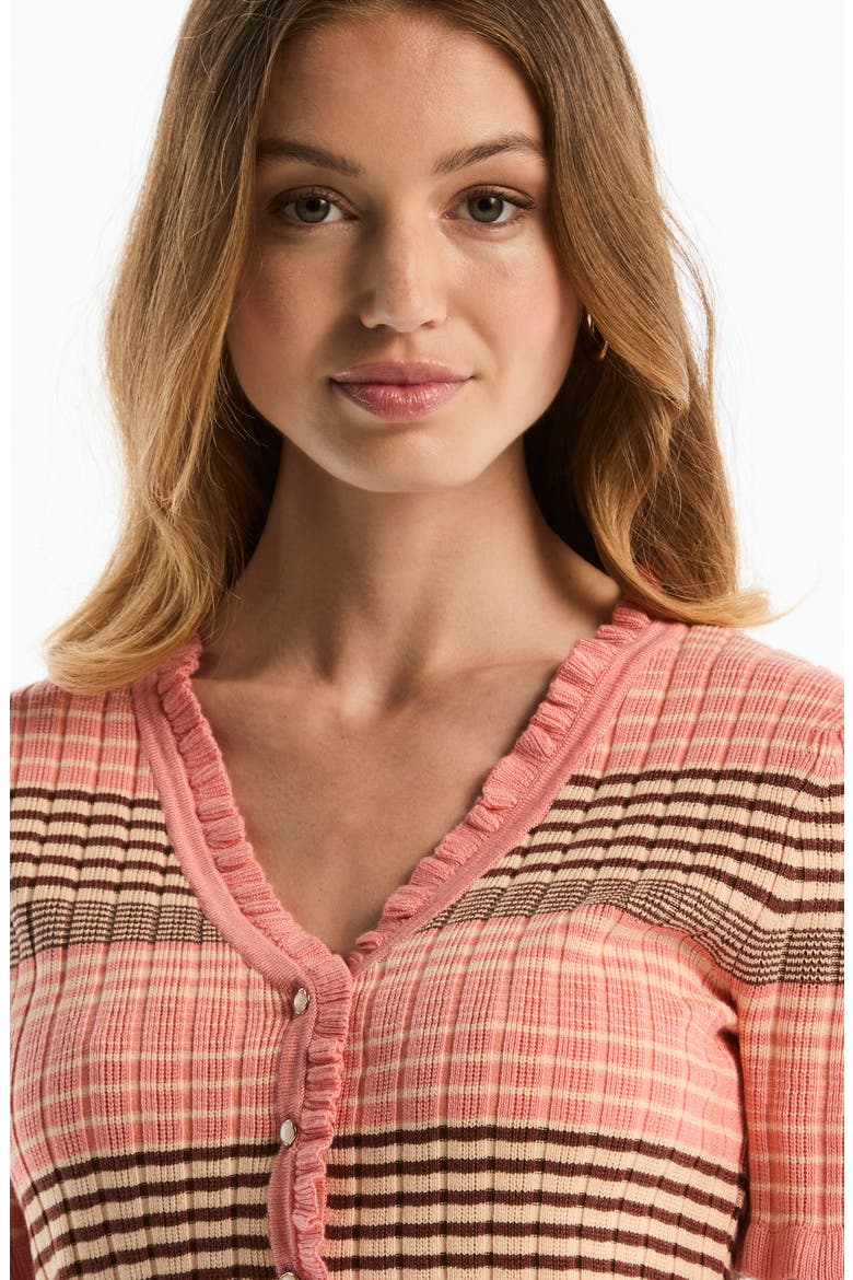 Ruffled V-Neck Cardigan, Alternate, color, CORAL HAZE