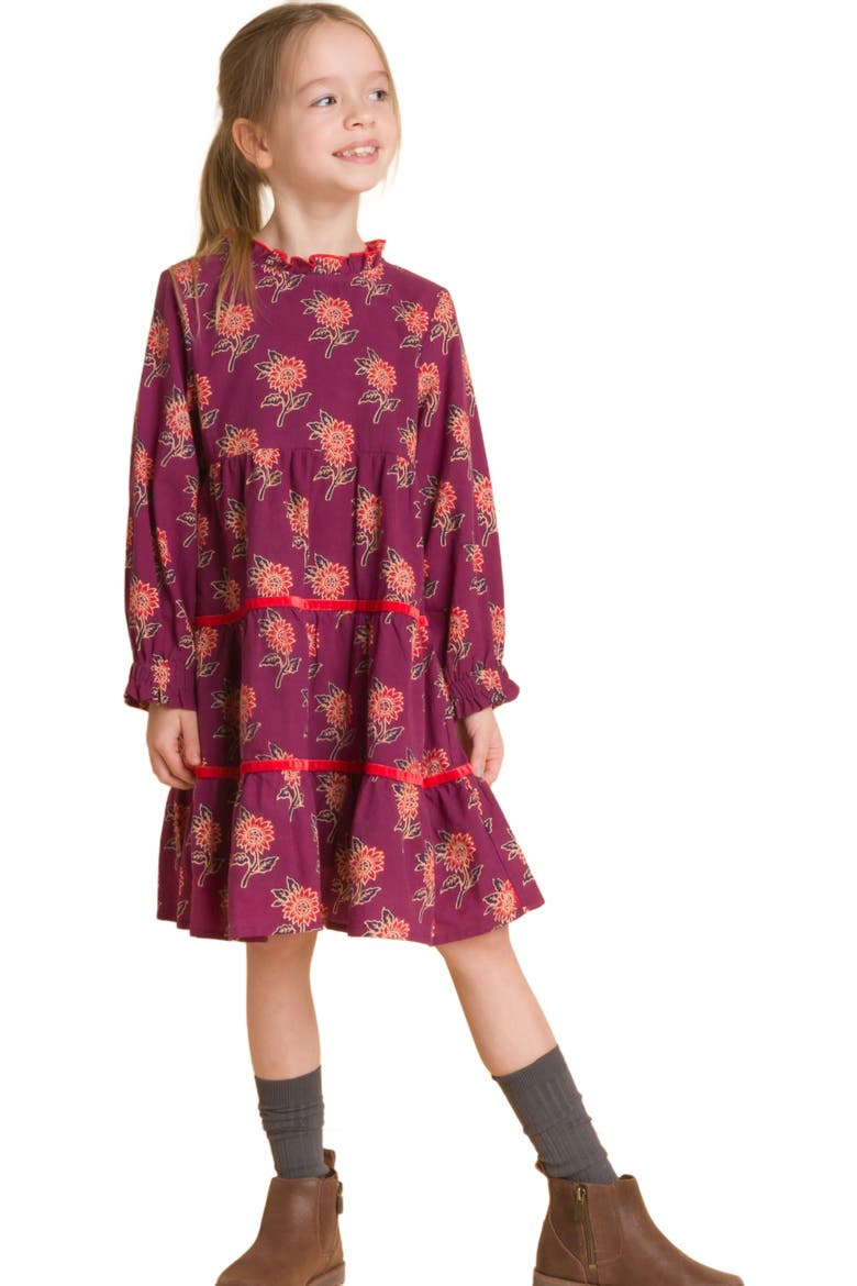 Girls' Long Sleeves Tiered Skirt Dress with Velvet Trim, Main, color, Purple and Red