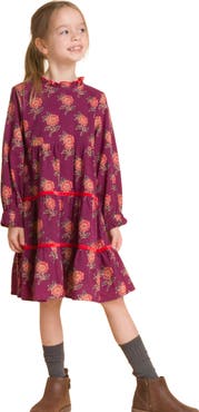 Beet World Girls' Long Sleeves Tiered Skirt Dress with Velvet Trim
