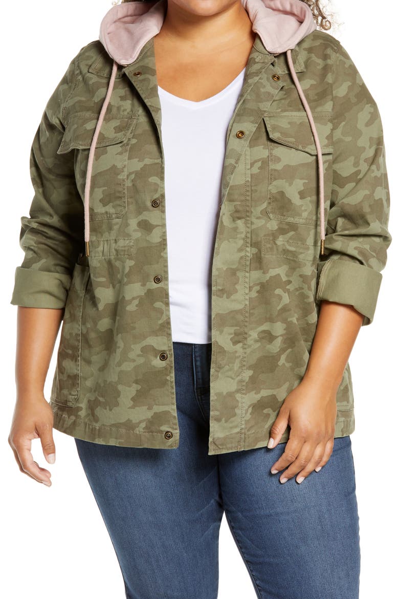 Hooded Stretch Cotton Utility Jacket, Main, color, OLIVE LICHEK CAMO PRINT
