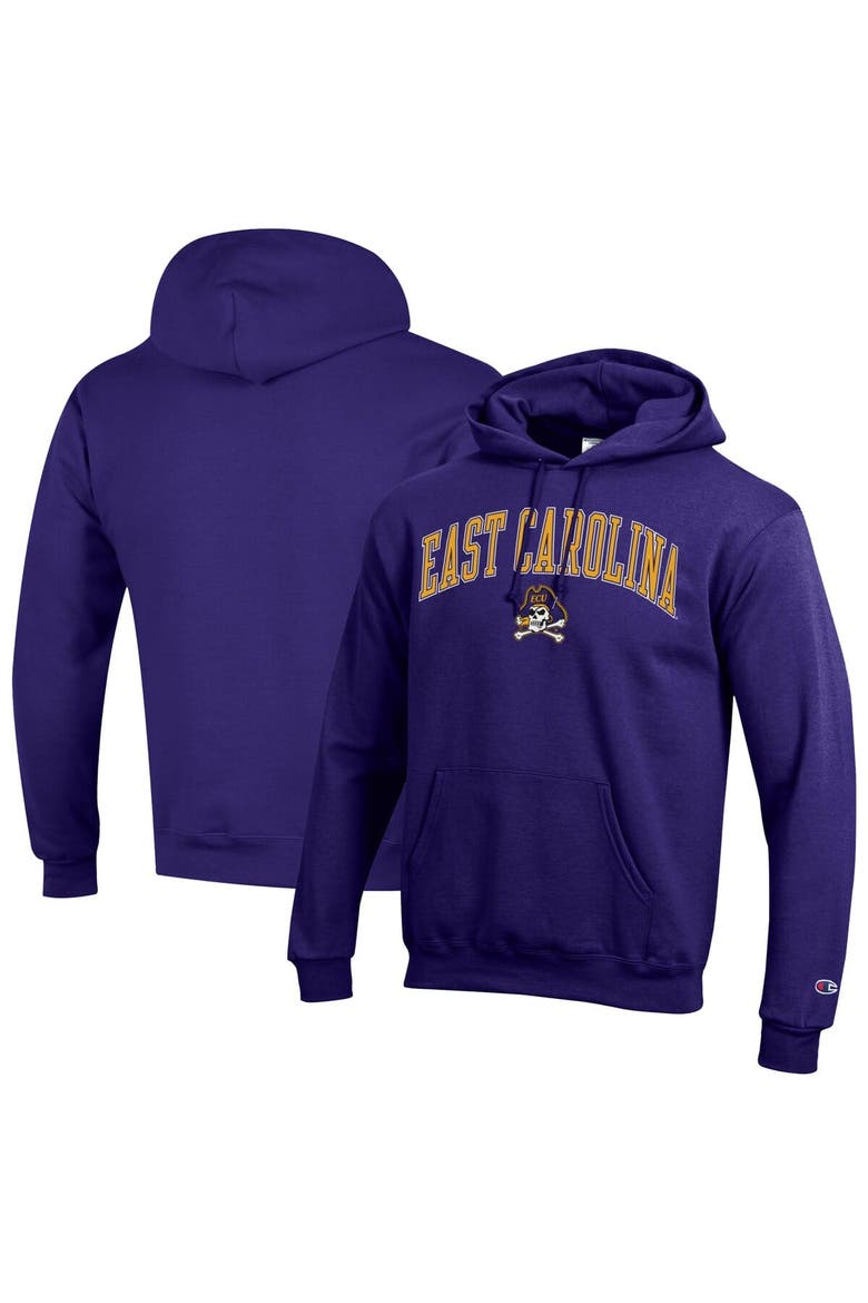 Men's Champion  Purple ECU Pirates Arch Over Logo Pullover Hoodie, Alternate, color, Purple
