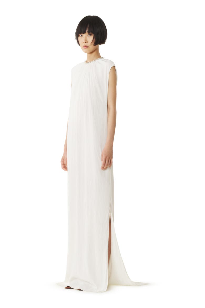 White Embroidered Dress In Charmeuse, Alternate, color, Off White