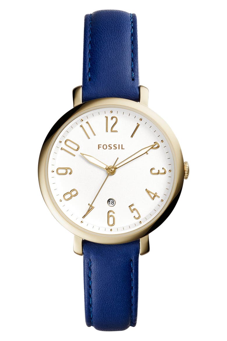 'Jacqueline' Leather Strap Watch, 36mm, Main, color, BRIGHT BLUE/ SILVER