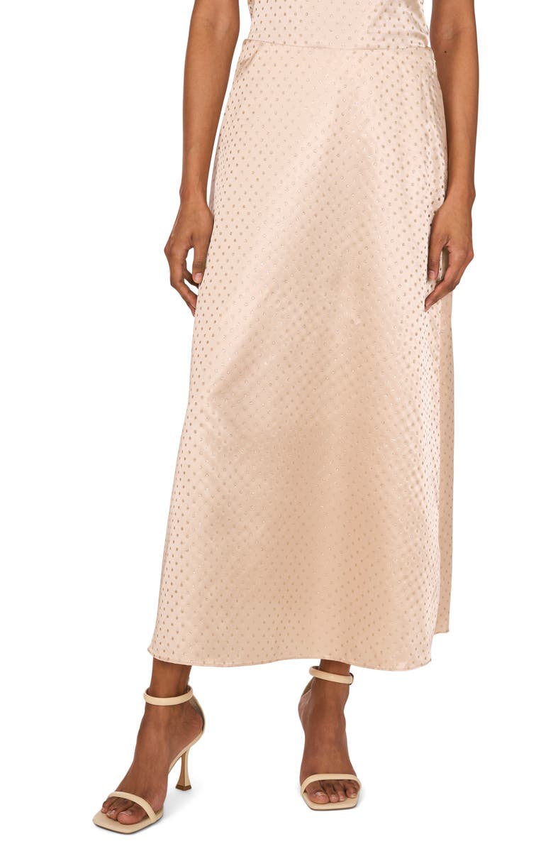 Vince Camuto Metallic Dot Bias Satin Maxi Skirt, Main, color, Solar Glow