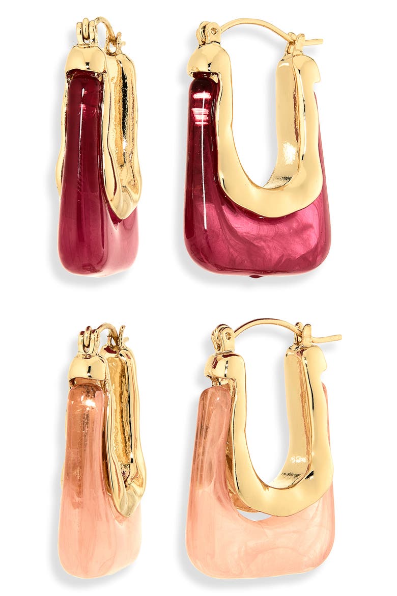 Set of 2 Resin Oval Hoop Earrings, Main, color, BLUSH FUCHSIA