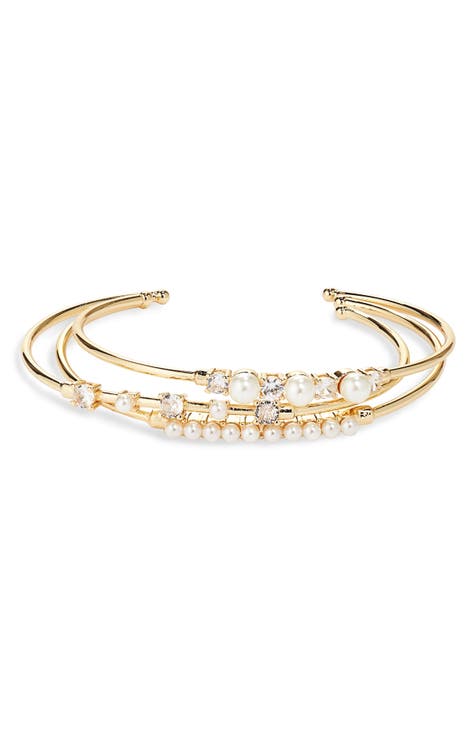 Faux Pearl & Crystal Open Cuff Stack Bracelet