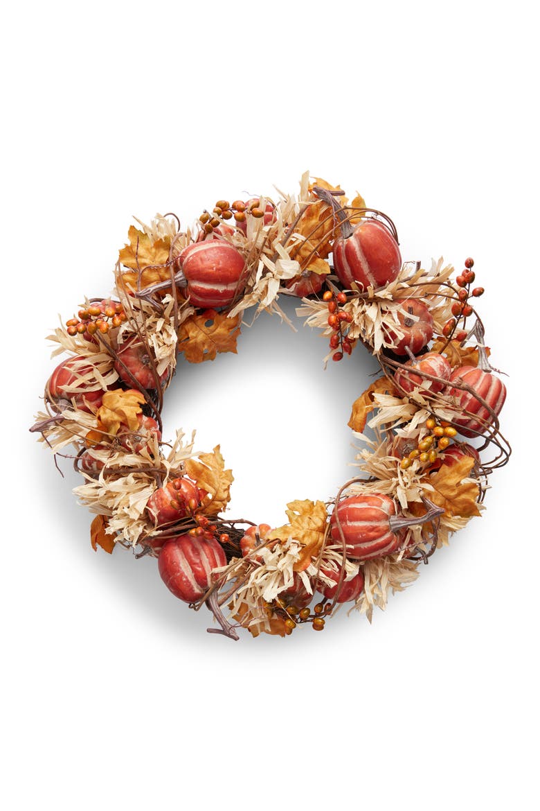 Pumpkin & Cornhusk Fall Wreath, Main, color, ORANGE BEIGE
