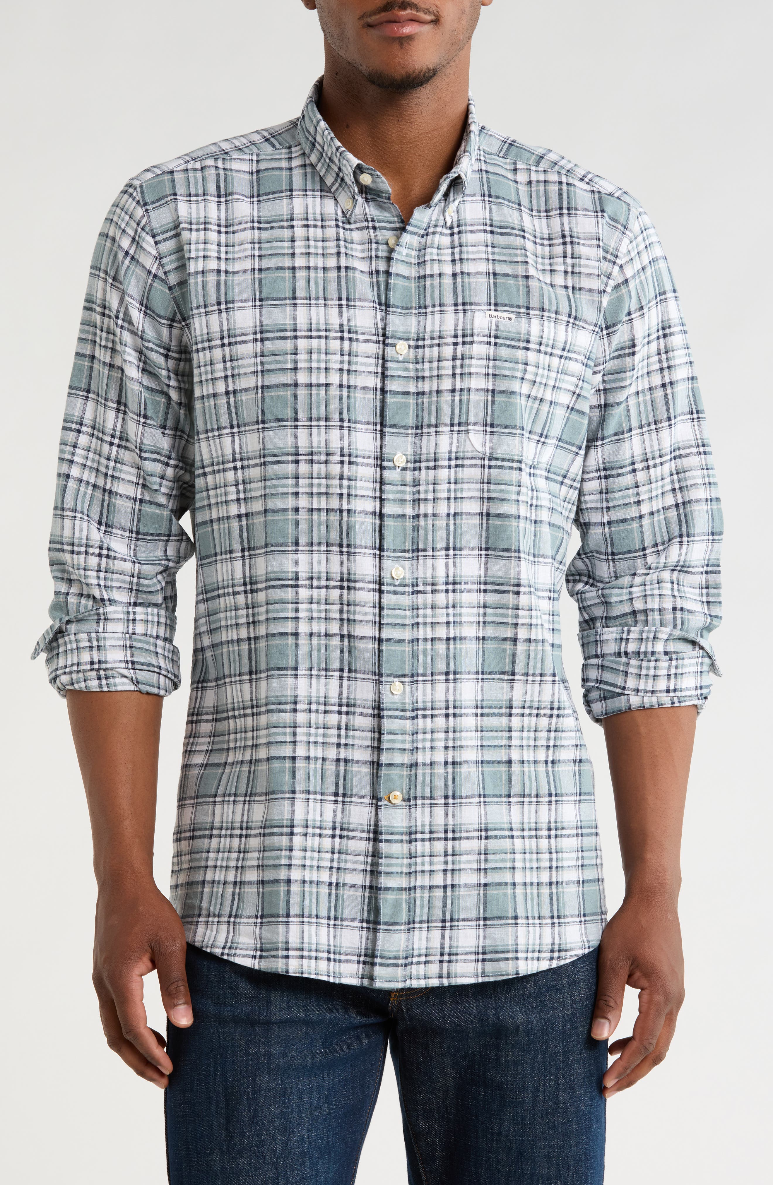 Barbour Bridgeport Tailored Fit Plaid Linen & Cotton Button-Down Shirt