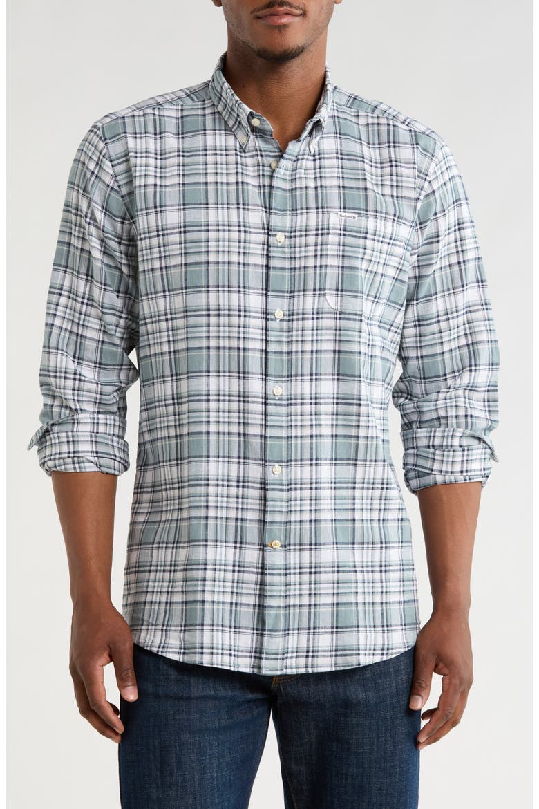 Bridgeport Tailored Fit Plaid Linen & Cotton Button-Down Shirt, Main, color, BLUE