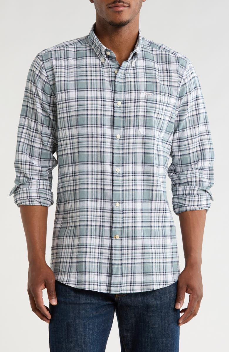 Barbour Bridgeport Tailored Fit Plaid Linen & Cotton Button-Down Shirt, Main, color, Blue