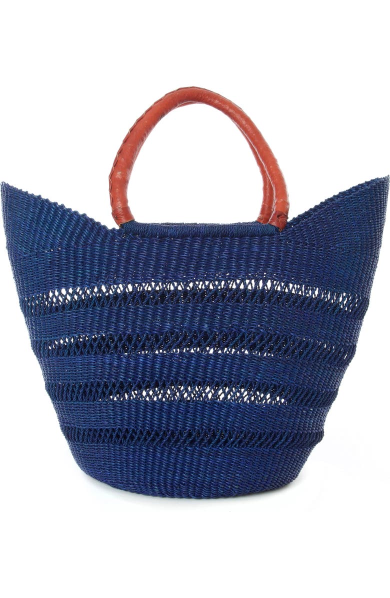African Modern Ghanaian Lacework Wing Shopper with Leather Handles, Main, color, Navy