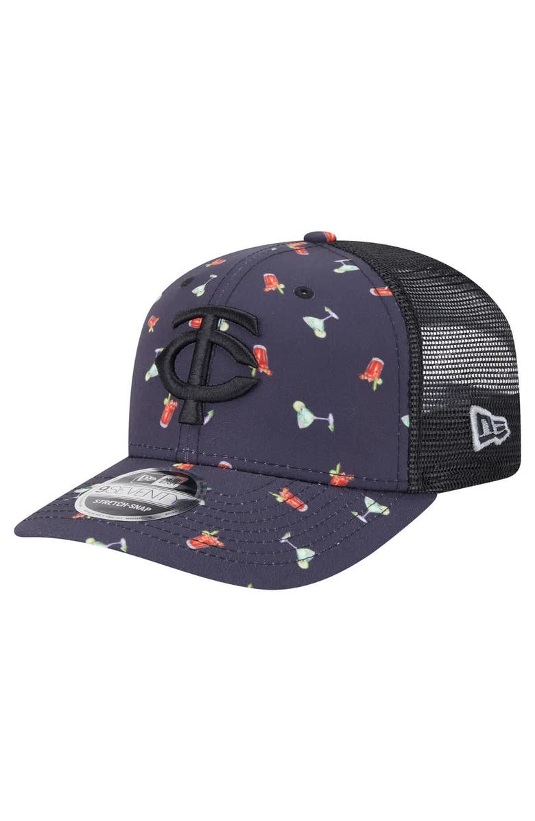 New Era Men's New Era Black Minnesota Twins Adventure Drinks Pattern 9SEVENTY Stretch-Snap Hat, Main, color, Navy