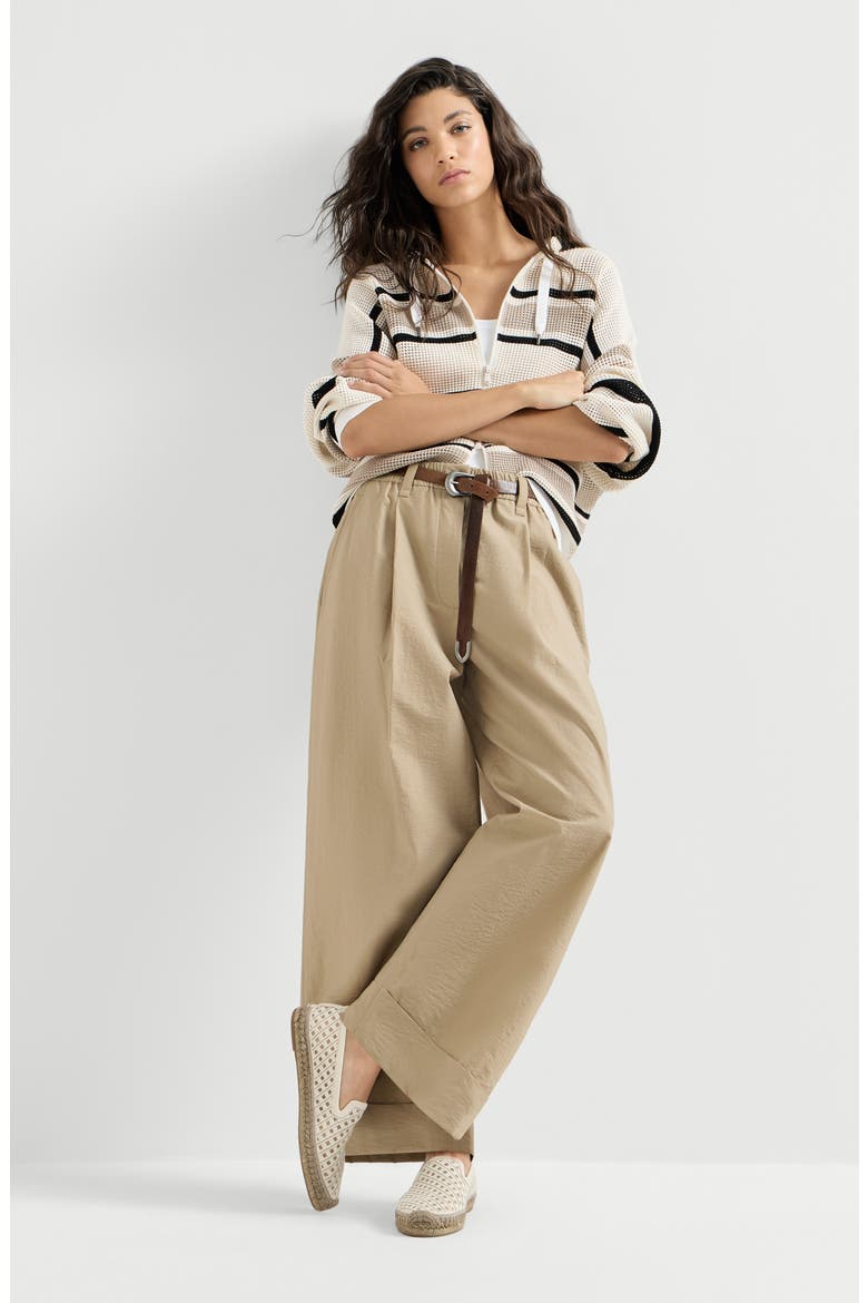 Techno cotton poplin boxy pleated trousers with monili, Alternate, color, Cappuccino