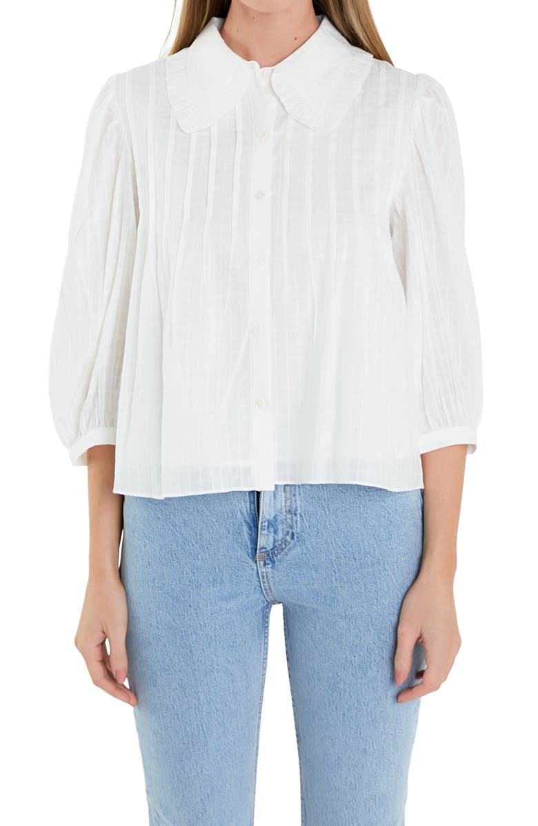 English Factory Ruffle Collar Cotton Blend Button-Up Shirt, Alternate, color,