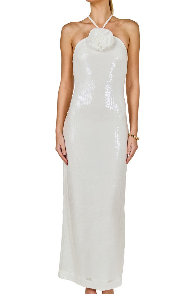 Rose Sequin Halter Maxi Dress, Alternate, color, WHITE