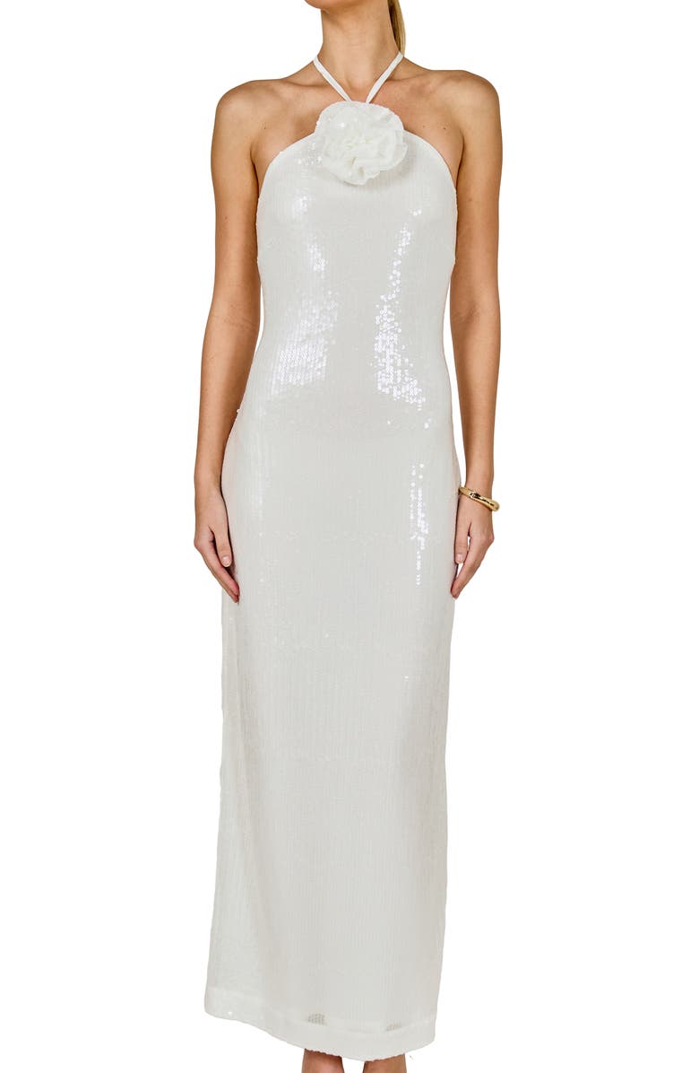 Endless Rose Rose Sequin Halter Maxi Dress, Alternate, color, White