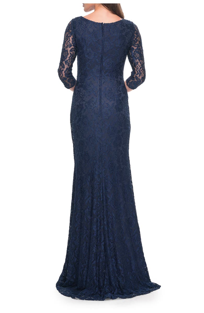 La Femme Stretch Lace Evening Dress with Ruching, Alternate, color, Navy