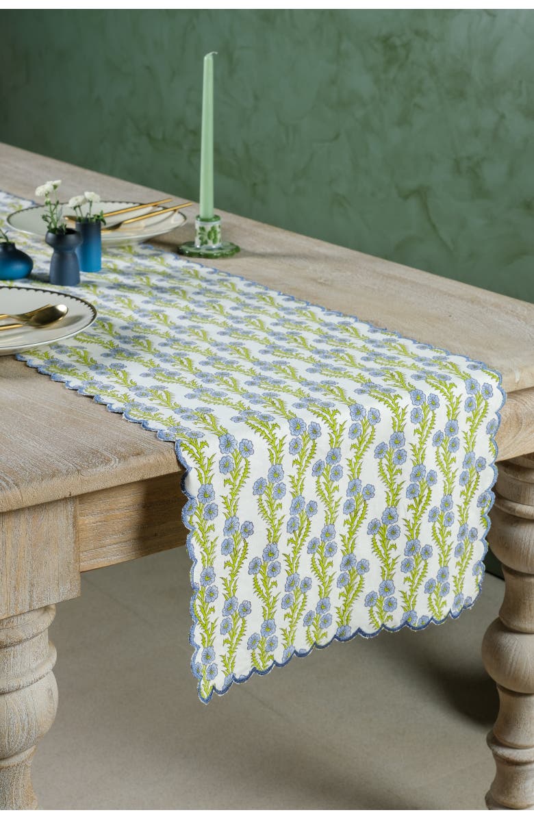 Inner Child Forget-Me-Not Scallop Embroidered Blockprint Tablerunner, Alternate, color, Red