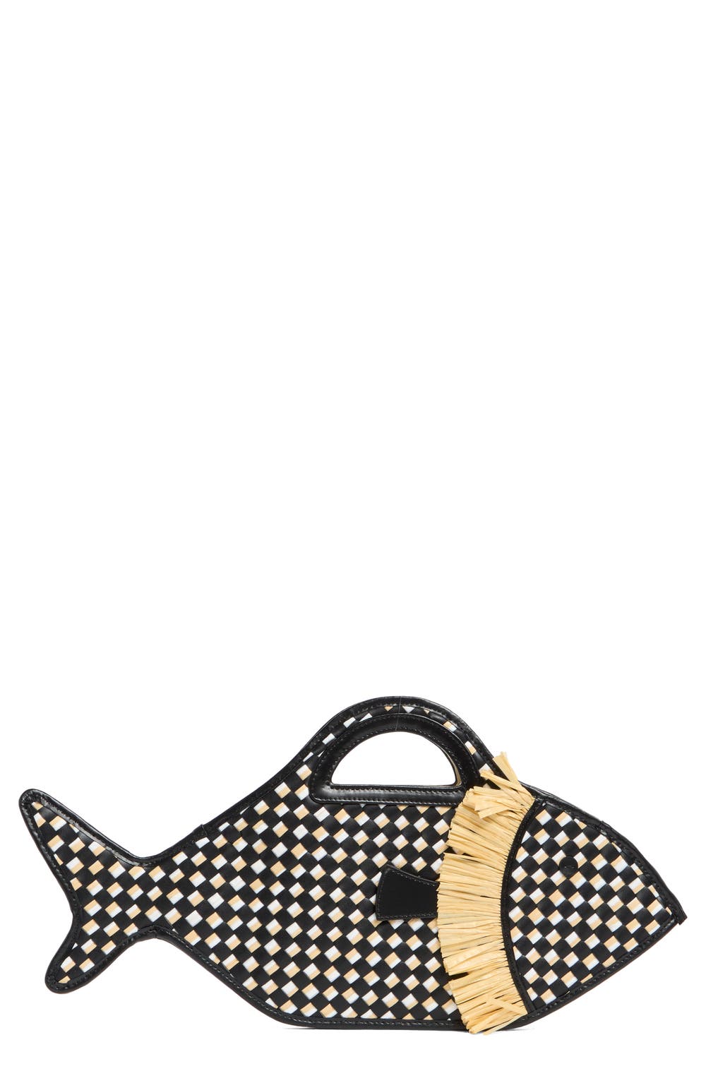 Cleo Fish Woven Raffia Basket Bag, color, BLACK/ NATURAL