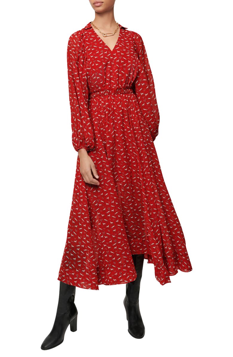 maje Rombe Printed V-Neck Midi Dress, Main, color, Red Horses