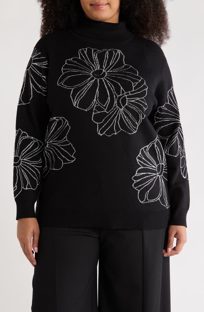 Joseph A Placed Floral Oversize Turtleneck Sweater, Main, color, Floral Outline Black