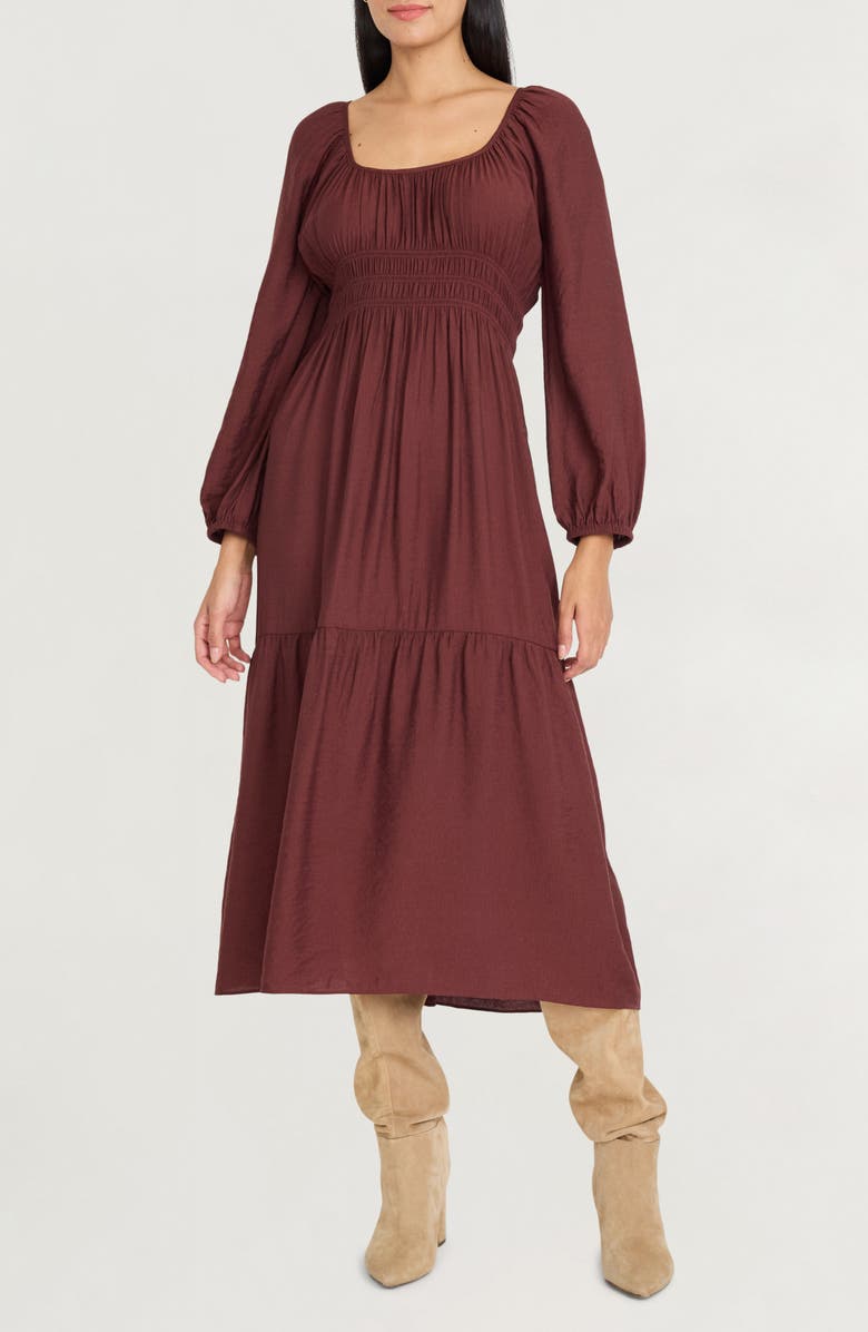 The Good Journey Long Sleeve Smocked Midi Dress, Main, color, Bitter Chocolate
