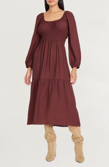 The Good Journey Long Sleeve Smocked Midi Dress In Brown