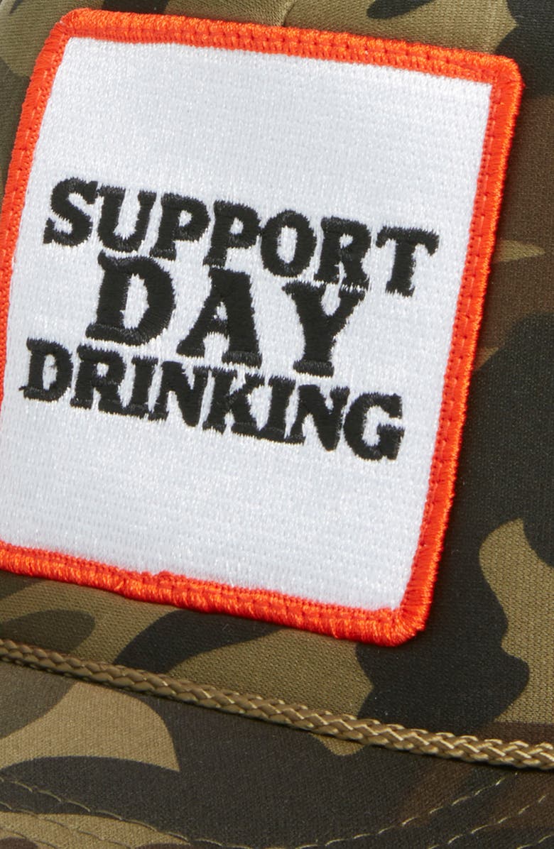 Friday Feelin’ Support Day Drinking Patch Trucker Hat, Alternate, color, Camo
