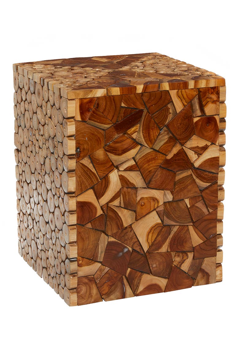 Brown Teak Wood Handmade Accent Table with Mosaic Wood Chip Design, Main, color, BROWN