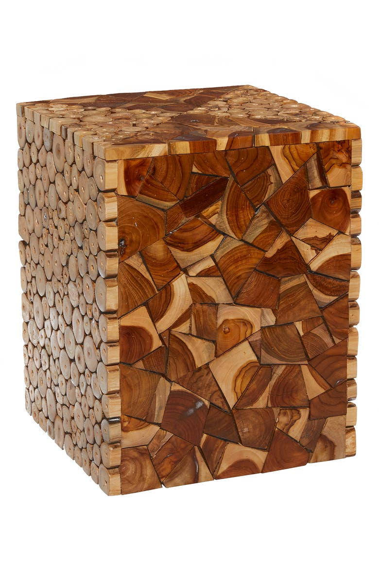 GINGER BIRCH STUDIO Brown Teak Wood Handmade Accent Table with Mosaic Wood Chip Design, Main, color,