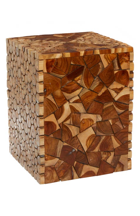 Brown Teak Wood Handmade Accent Table with Mosaic Wood Chip Design