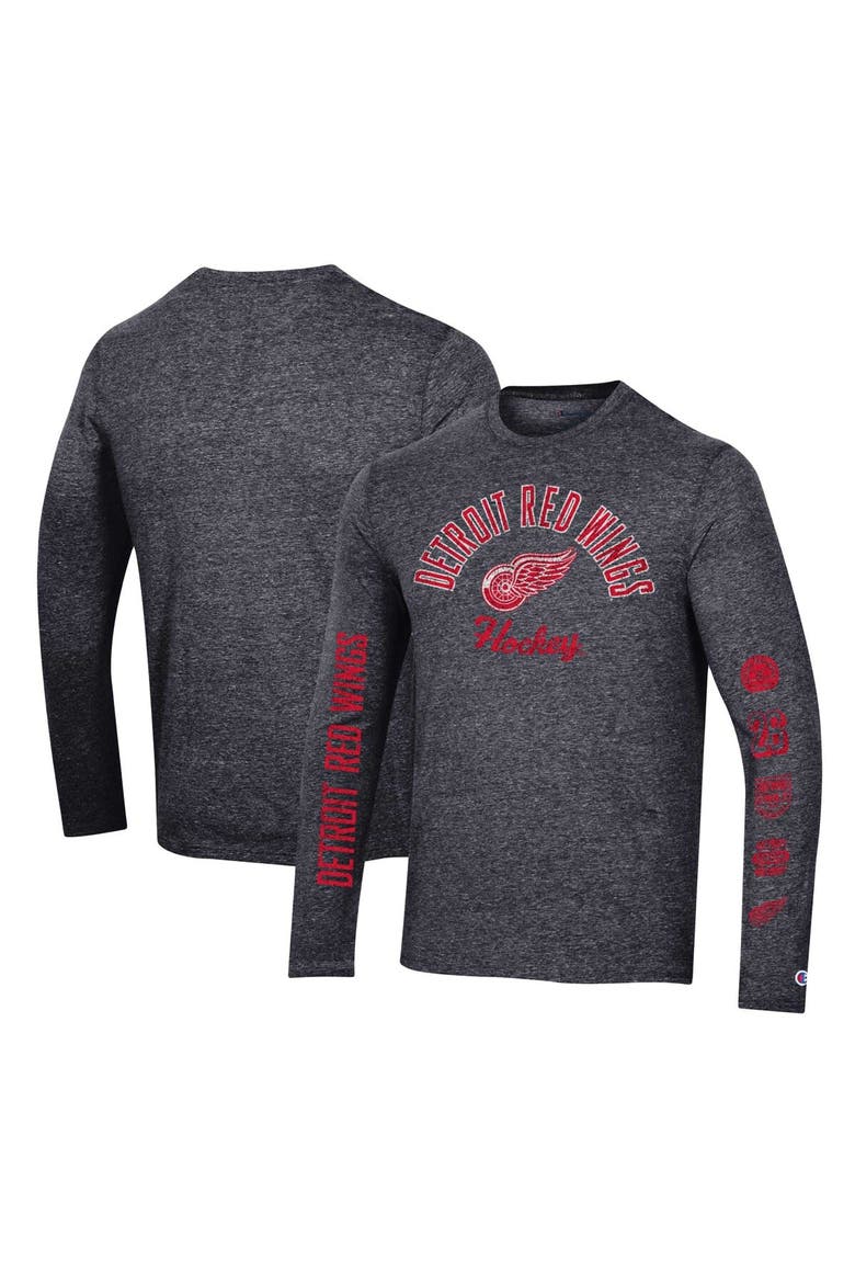 Men's Champion Heather Black Detroit Red Wings Multi-Logo Tri-Blend Long Sleeve T-Shirt, Alternate, color, Heather Black