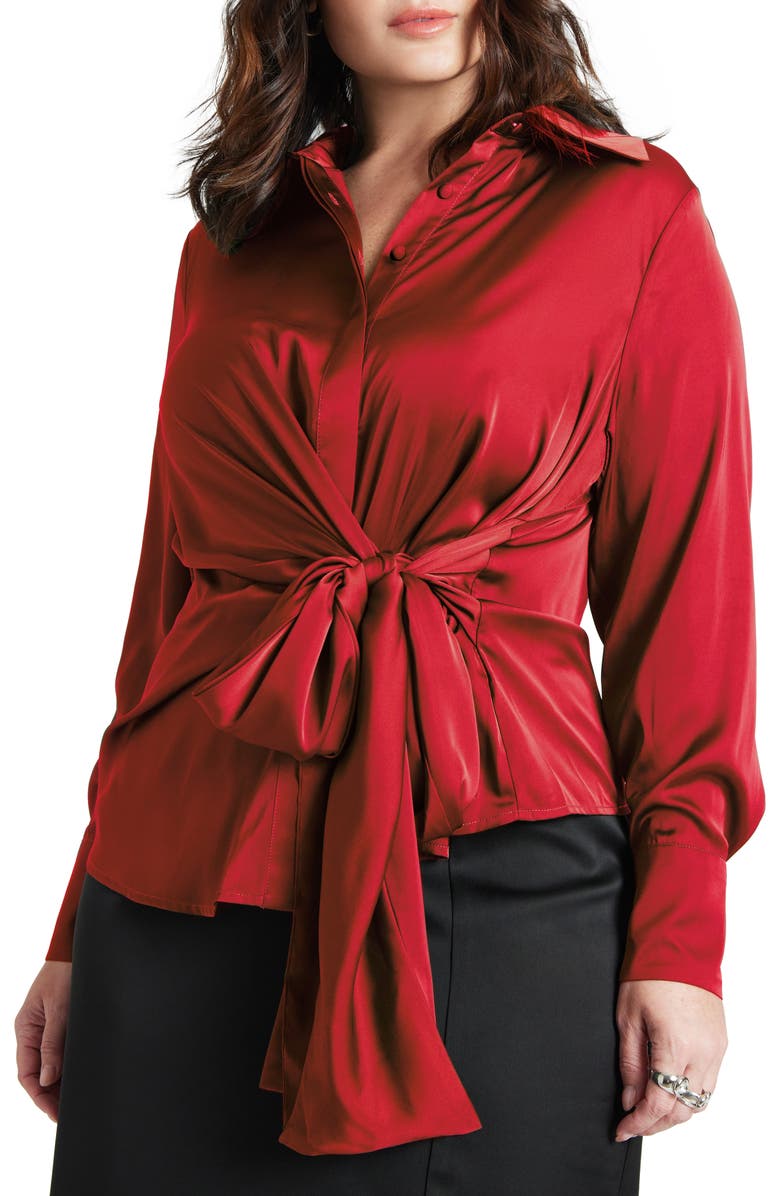 ELOQUII Tie Front Satin Shirt, Main, color,