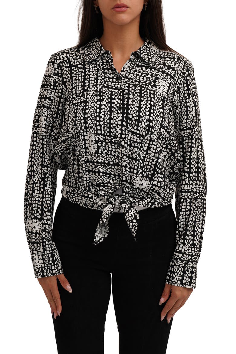 Long Sleeve Tie Front Button-Up Shirt, Main, color, TEGAN DOT