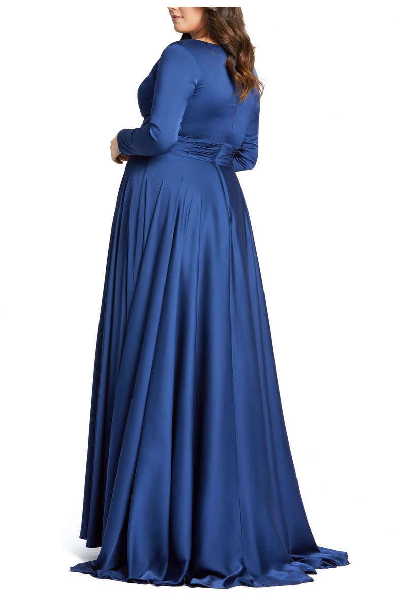 Mac Duggal Classic Satin Long Sleeve Evening Gown, Alternate, color, Midnight