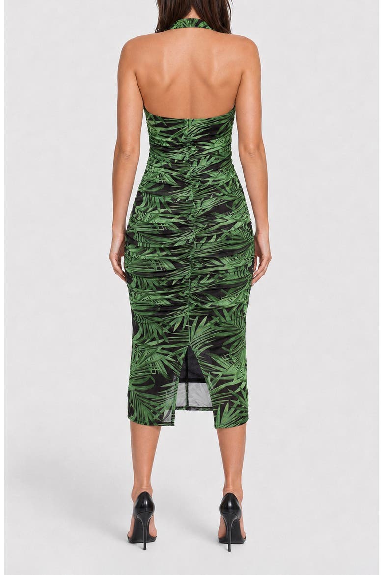 Shirred Polka Dot Mesh Halter Midi Dress, Alternate, color, BLACK GREEN