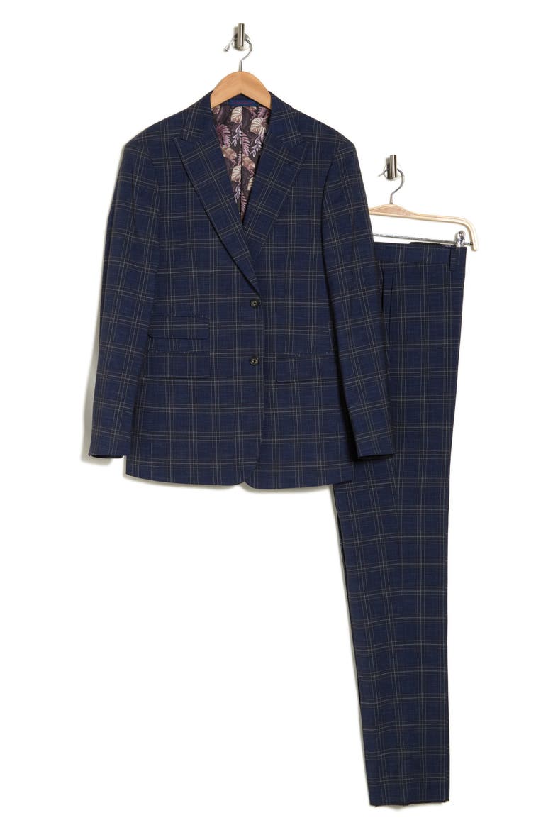 Plaid Trim Fit Peak Lapel Two-Piece Suit, Alternate, color, NAVY