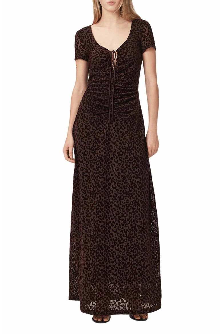 Gabby Mesh Maxi Dress, Main, color, BROWN FLOCK