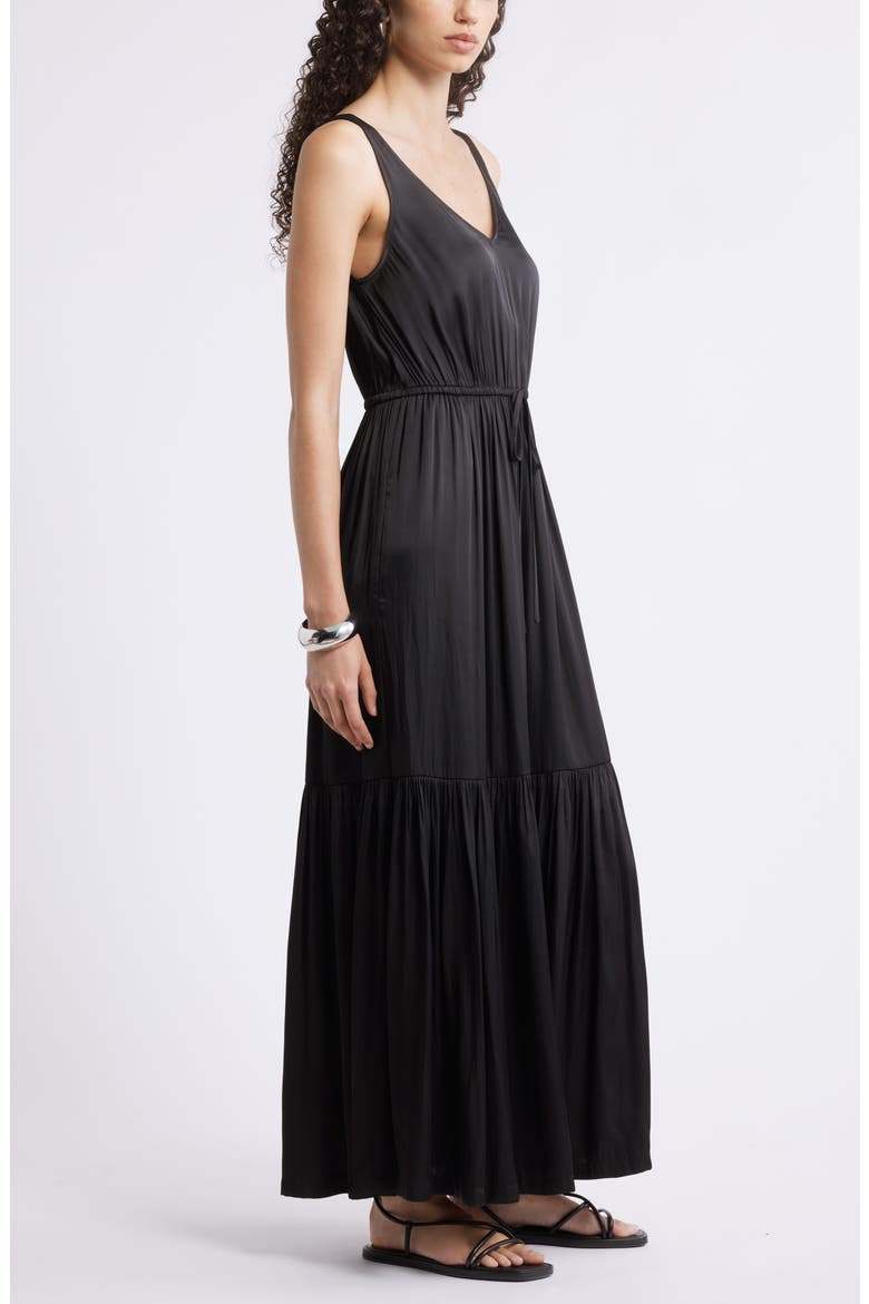 Sleeveless Satin V-Neck Maxi Dress, Alternate, color, BLACK